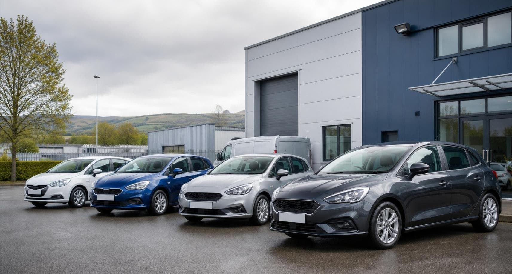 Line of clean compact hire cars outside a modern vehicle hire depot in Barnsley