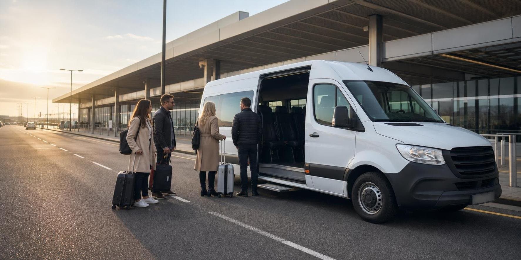 Minibus with passengers and luggage at an airport-style drop-off area