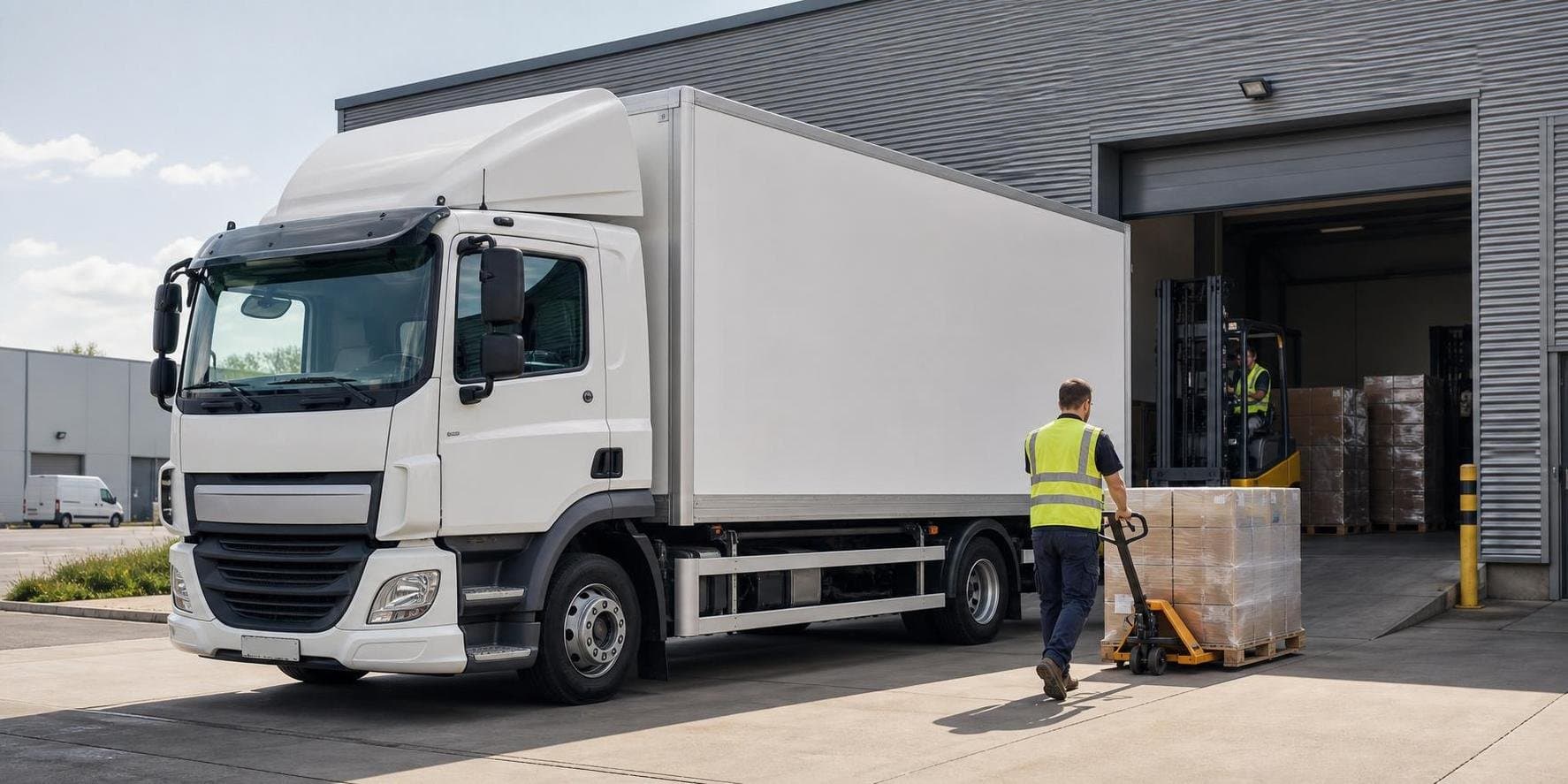 Rigid hire truck at a warehouse loading bay with pallet deliveries