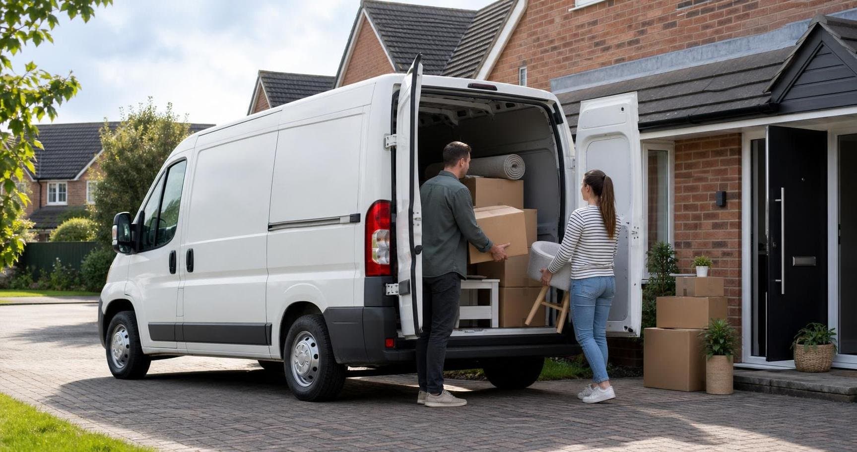 Medium hire van being loaded with boxes on a suburban driveway